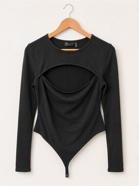ASOS Black Long Sleeve Cutout Bodysuit with Front Drape
